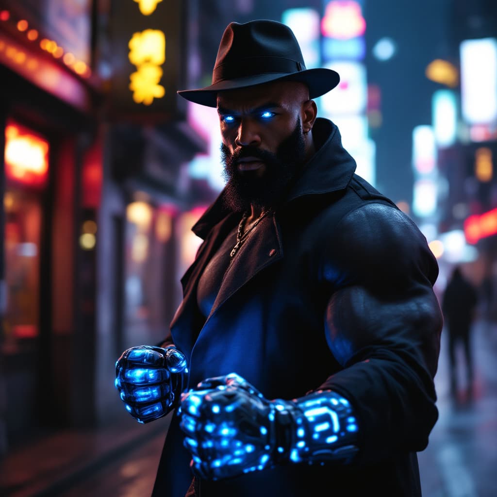 AI generated: photo of a african muscular strong man, beard, hat, cyberlimbs, blue cyberarms, blue cybereyes, fist...