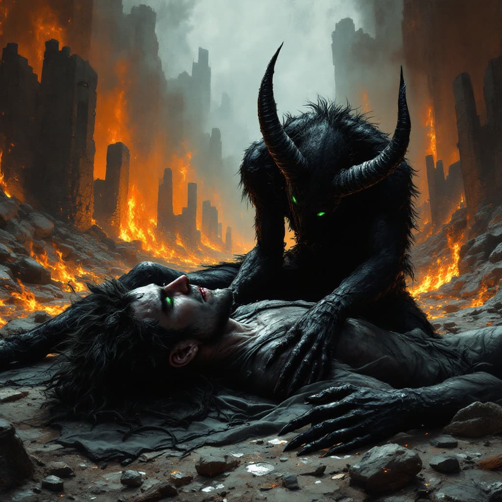 AI generated: A full-body shot of an demon, black horns, and green eyes in the style of Alex Ross, laying on his b...