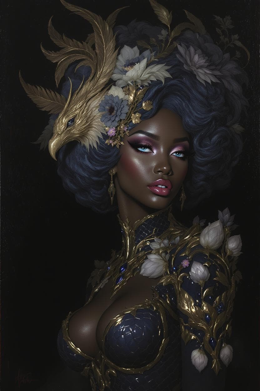 AI generated: An elusive fae with emerald eyes and gleaming lavender scales detailed with enchanting moon-shaped p...