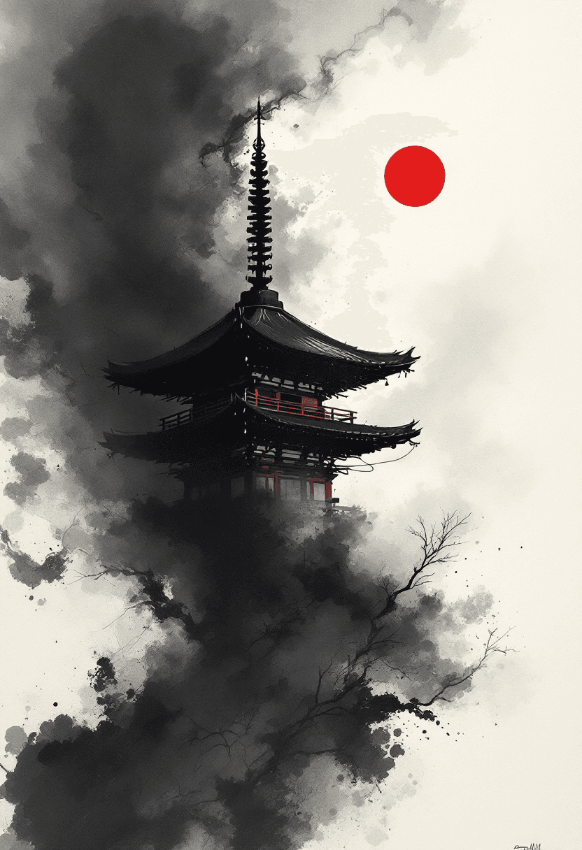 AI generated: Abstract ink wash painting, featuring a traditional Japanese pagoda with its base fading into smoke,...