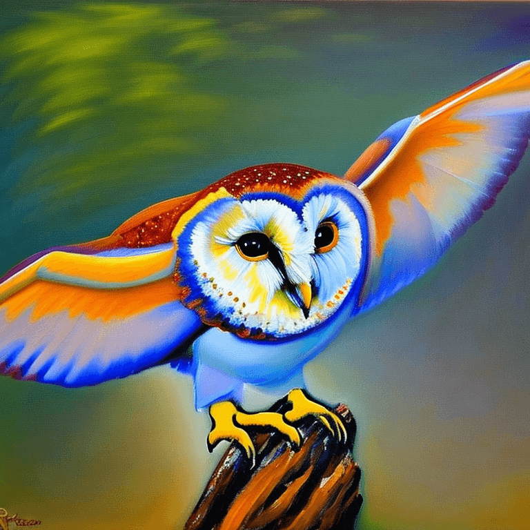 AI generated: Ralistic, ((Masterpiece, best quality)), cute barn owl perching on branch in dream park, Picasso oil...