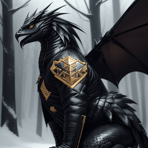 AI generated: handsome cute black dragon in snowy forest, wearing cyberpunk thor jacket gold dark, dnd character, ...