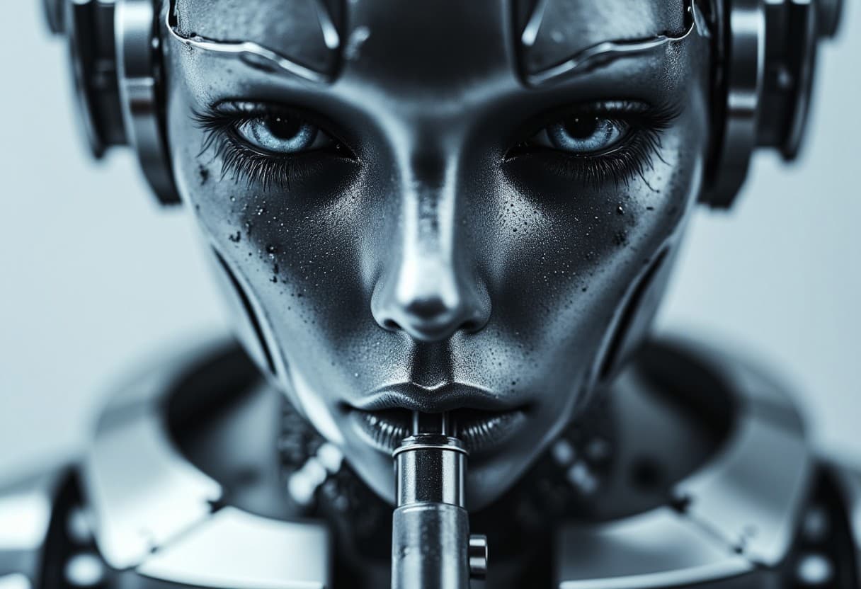 AI generated: perfectly balanced, symmetric, highly reflective, polished metal humanoid face, reflecting a cold, c...
