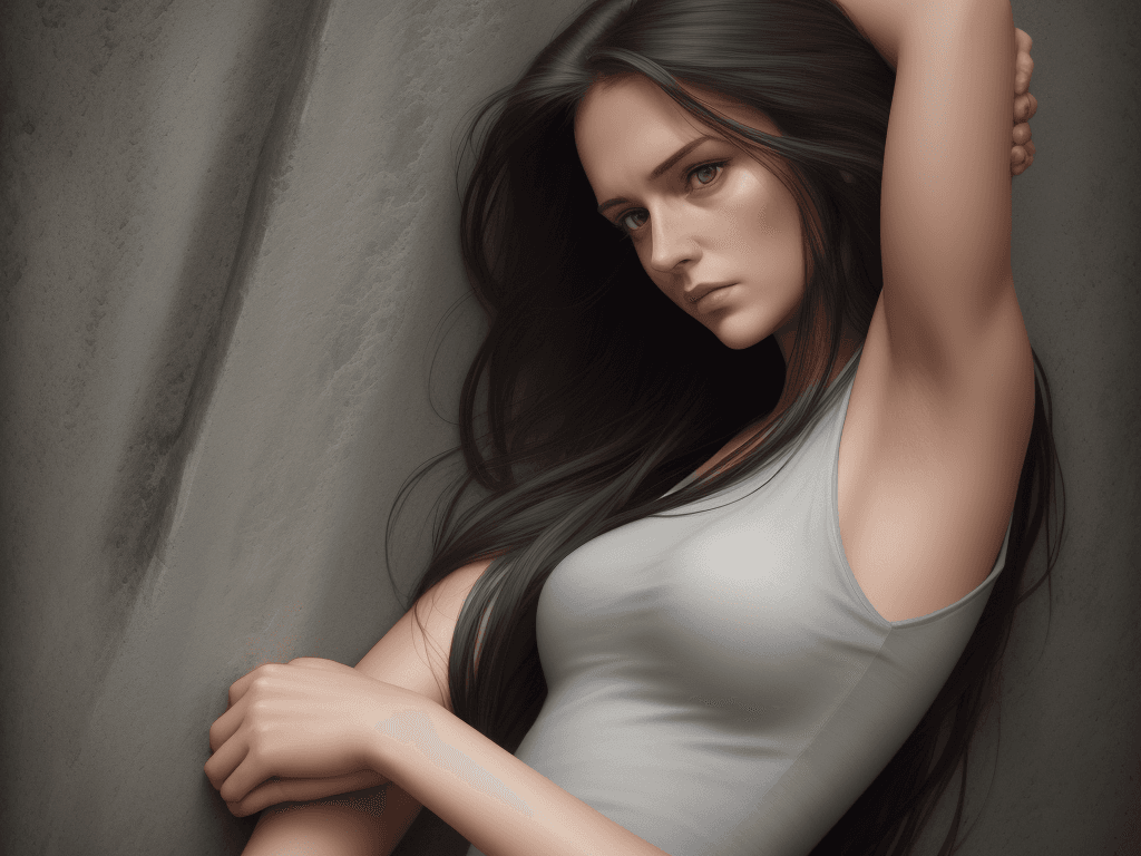AI generated: woman looking down, long dark hair, arm across her body, high resolution, photo realism