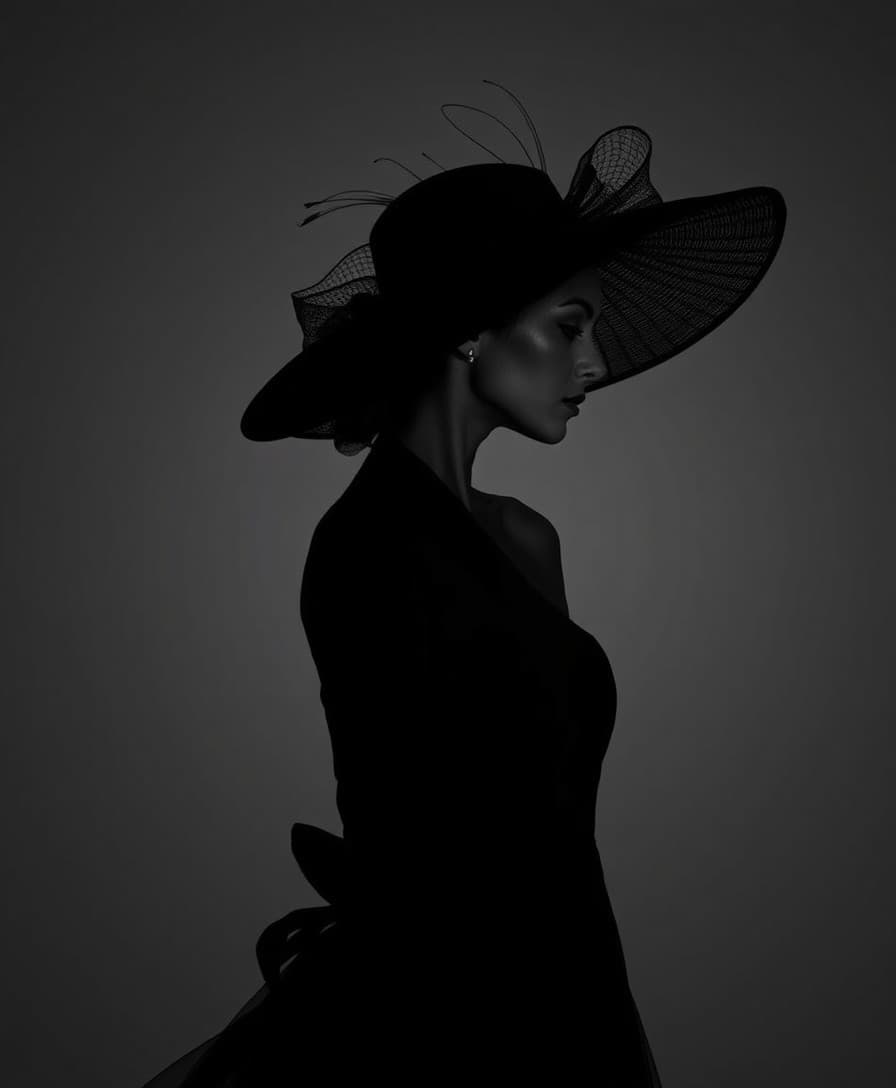 AI generated: a woman in a black dress is wearing a big hat to the right, in the style of clever use of negative s...