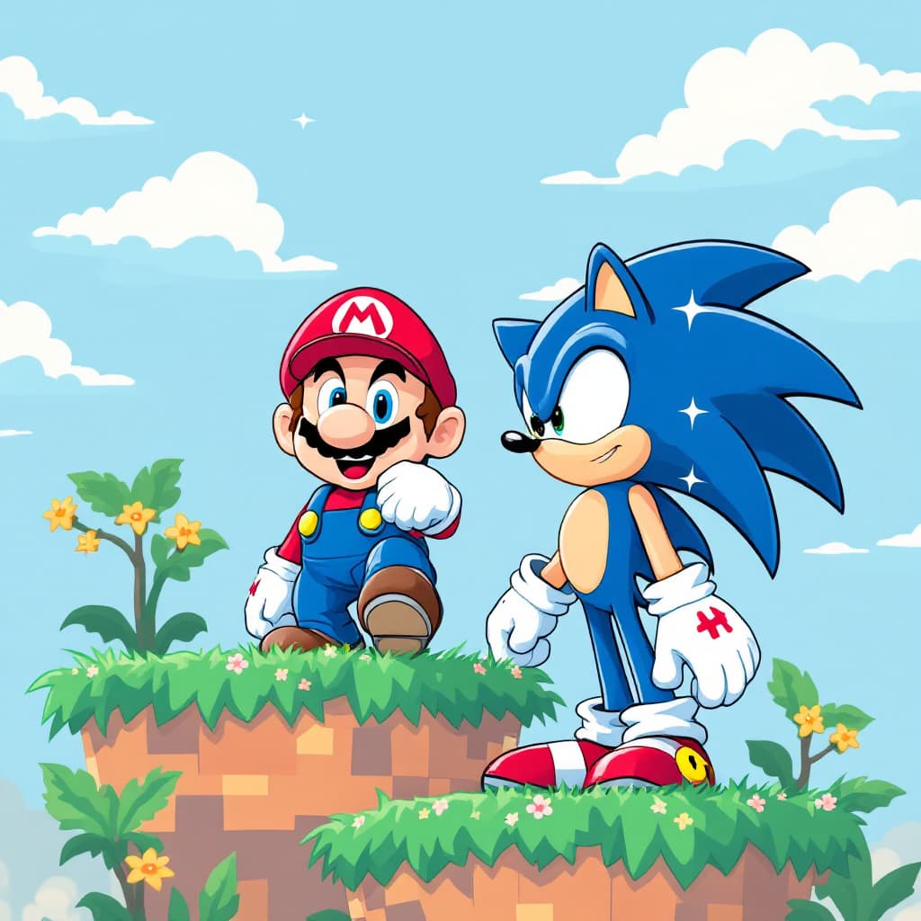 AI generated: Make a illustration of Mario and Sonic who play in Playstation and some text logo on japan, style va...