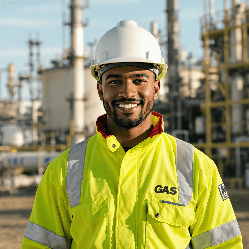 AI generated: A young man (mixed race, light brown skinned), with a fluorescent safety coverall for oil and gas wo...