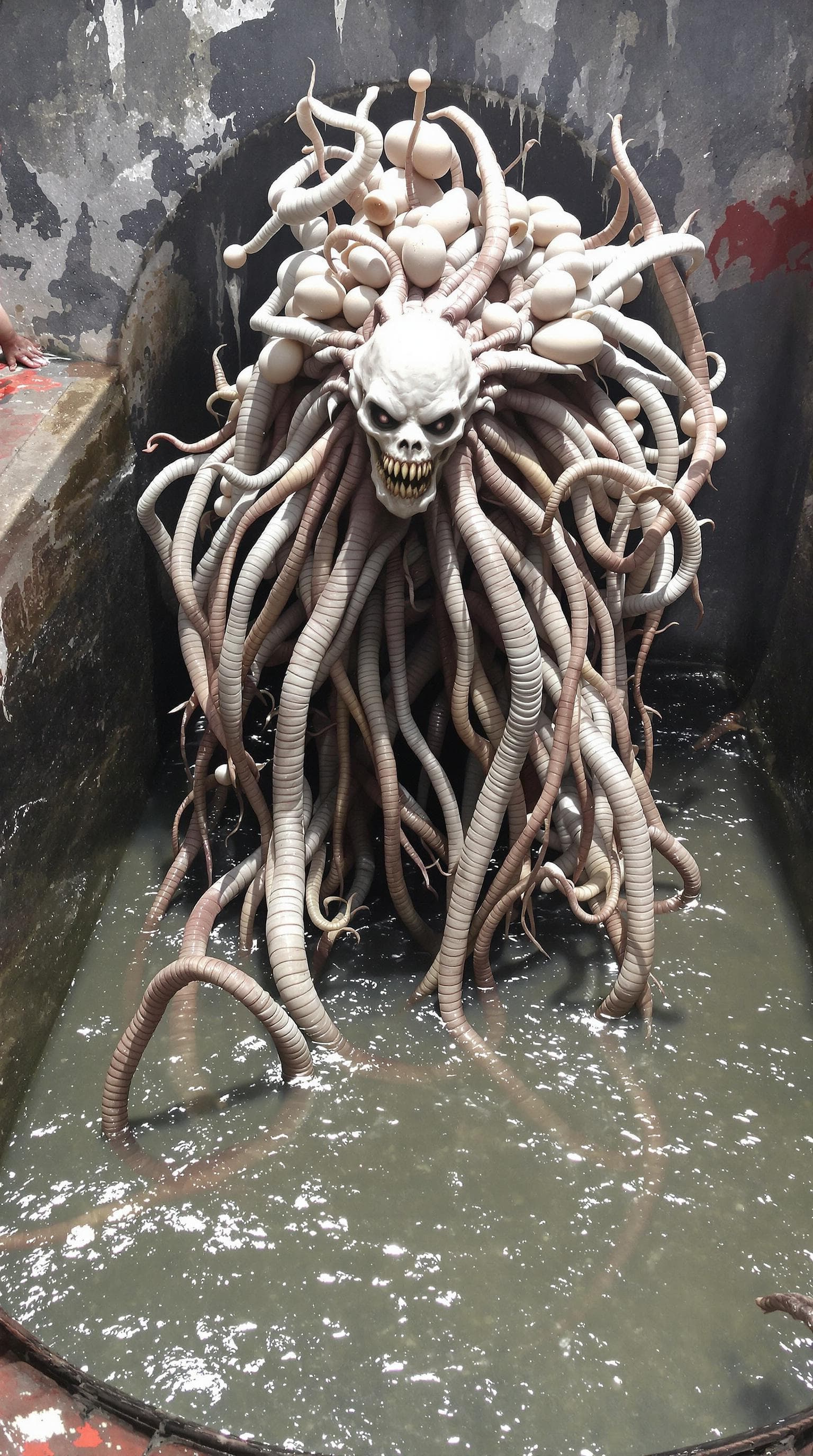 AI generated: A grotesque  surrounded by people in front of gateway of India, combining human and monstrous featur...