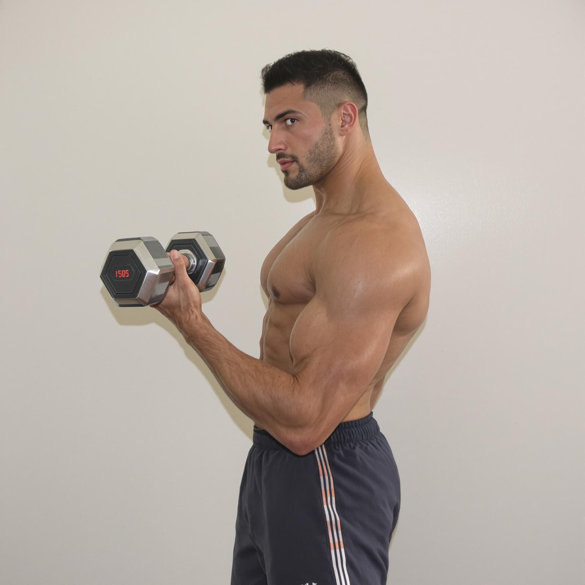 AI generated: side view of bodybuilder standing, lifting a dumbbell while looking at the camera