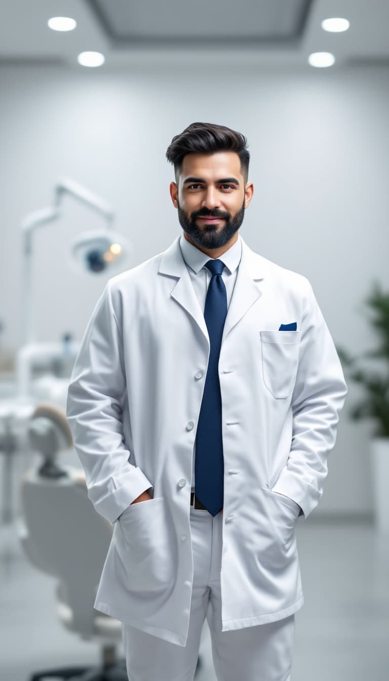 AI generated: Photorealistic portrait, wide viewing angle. A 35-year-old dentist with a short, neatly trimmed blac...