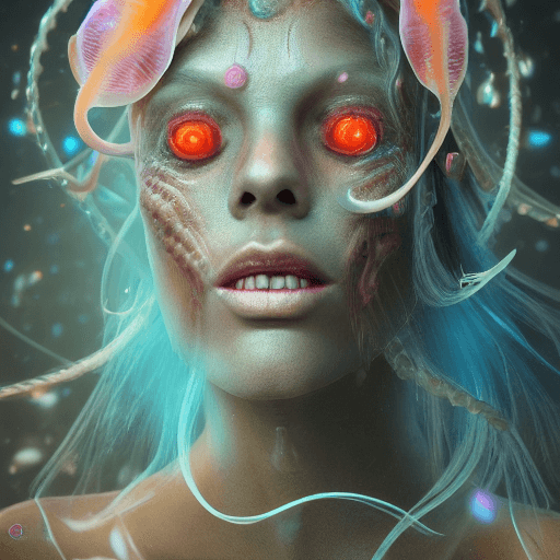 AI generated: Goddess close-up portrait ribcagel. jellyfish phoenix head, nautilus, orchid, skull, betta fish, bio...