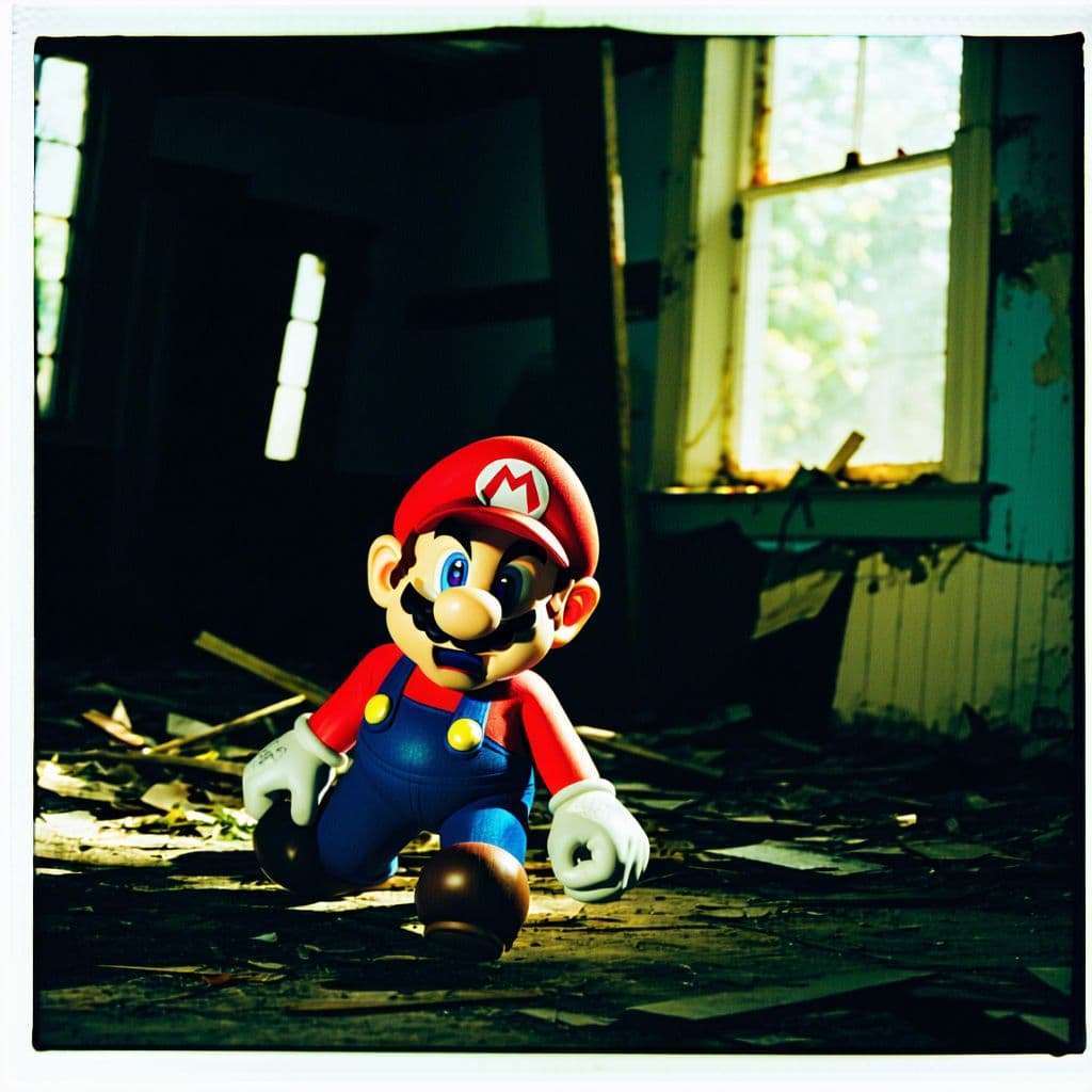 AI generated: grainy 80's photograph quality polaroid of tortured miserable mario caught in an abandoned house, da...