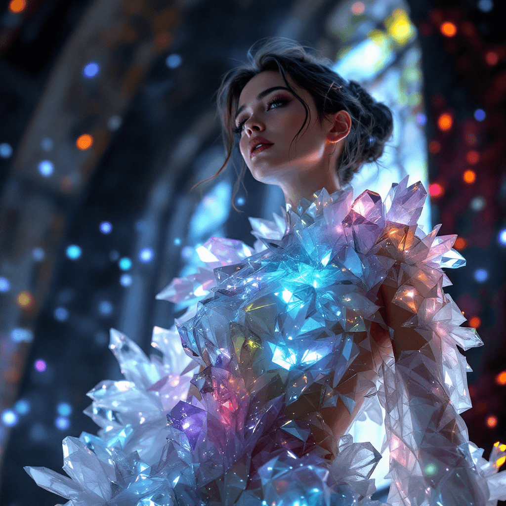 AI generated: A full-body portrait of a woman in a high-fantasy setting. She wears an outfit that appears to be ma...