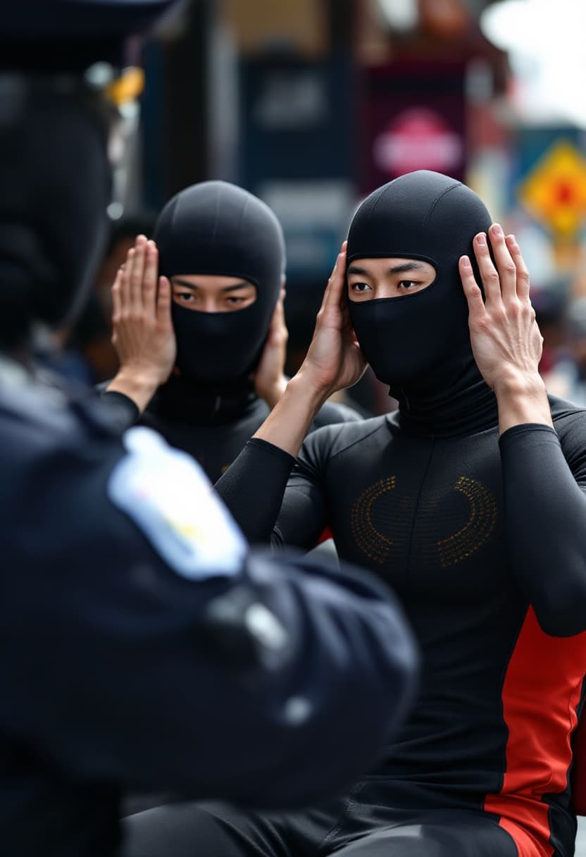AI generated: Two Chinese athletes wearing compression jammers were arrested by police in day time. They are under...