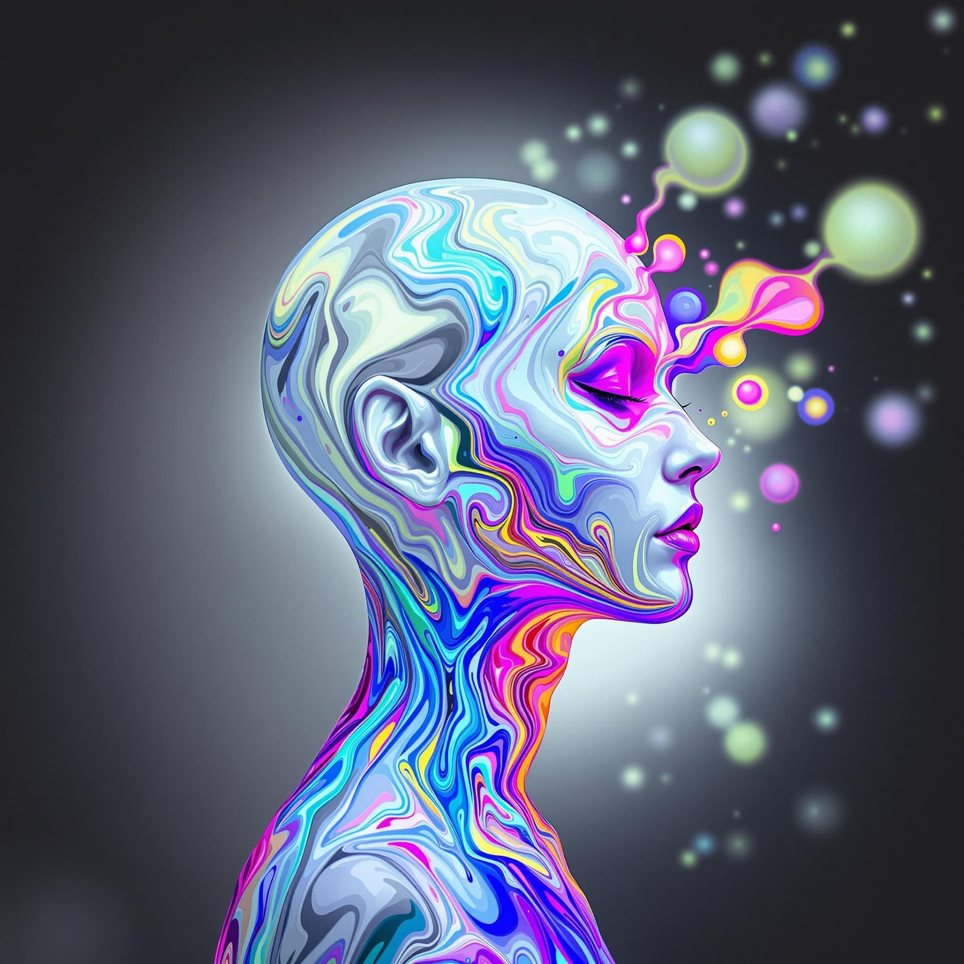 AI generated: a dreamlike, high-contrast, vibrant, flat-side-profile view of a glowing, bald, genderless, humanoid...