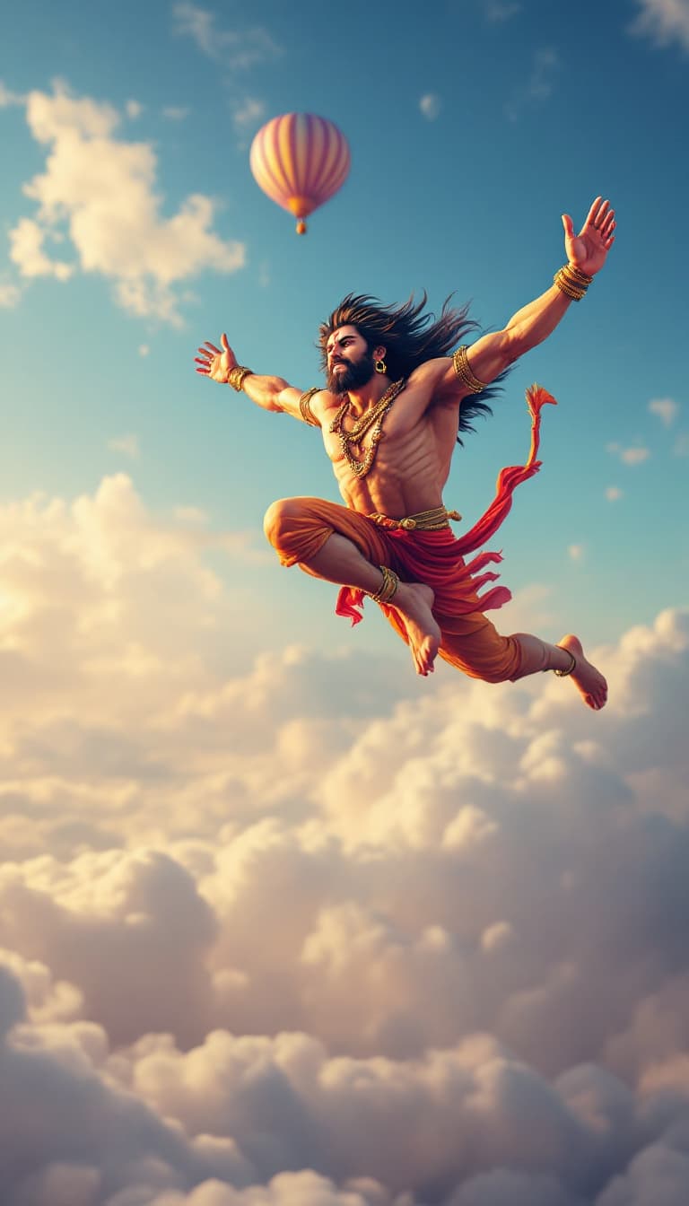 AI generated: Create an image of lord Hanuman flying in sky