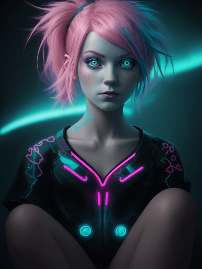 AI generated: close up of a girl with pink hair, sitting in a bright light with a neon lamp, in the style of digit...
