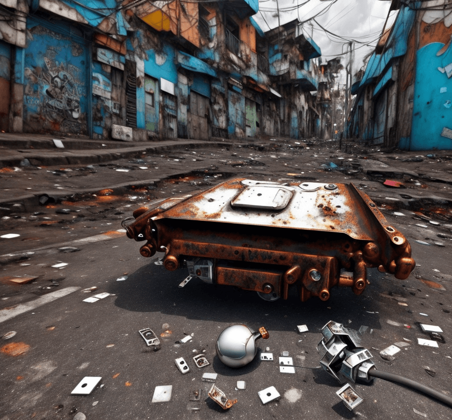 AI generated: a  lost  rusted white big robot  is dead. It is lying on its back on  the ground in the street in a ...