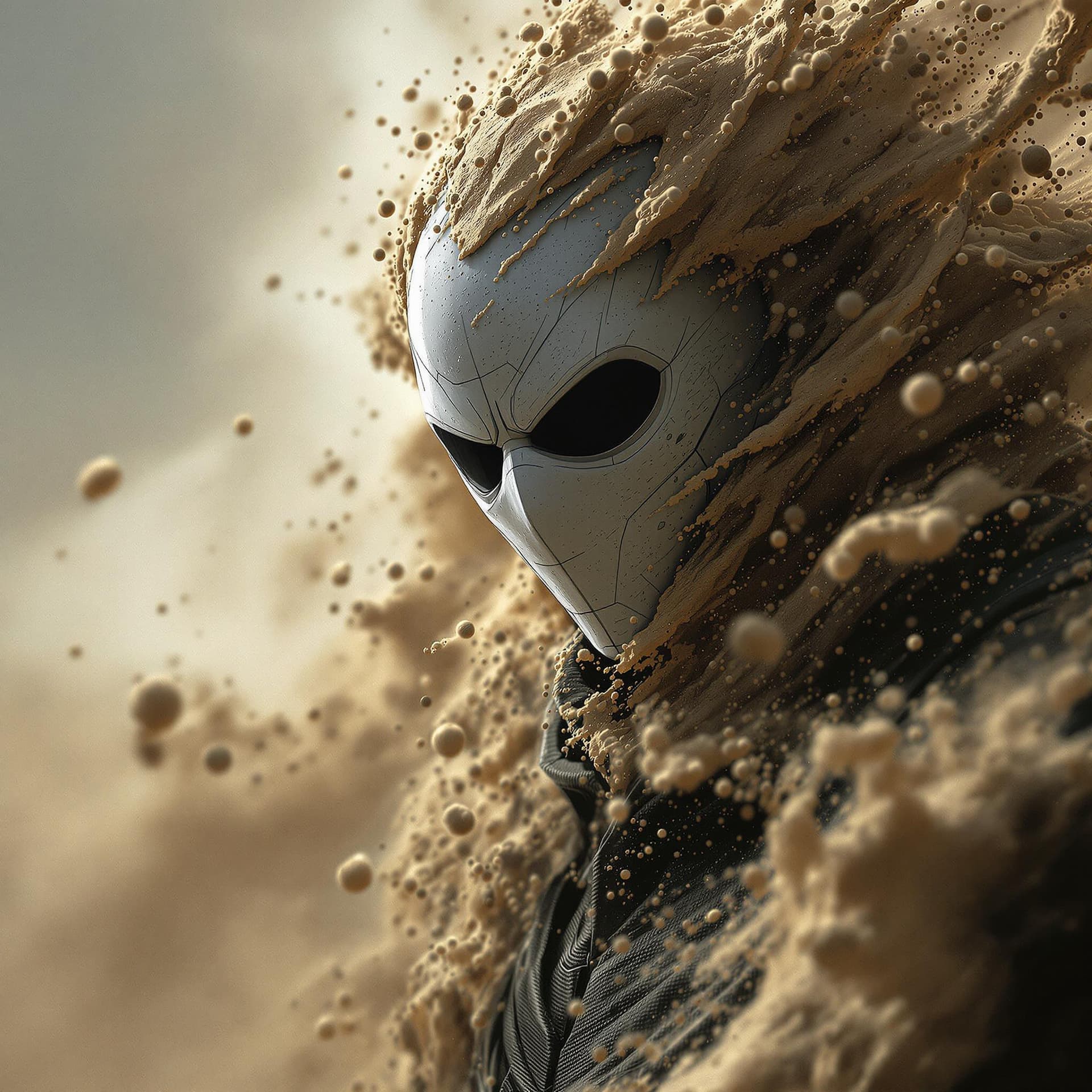 AI generated: Moon Knight dissolving into swirling sand, ultra-realistic, in the style of Marvel Comics, volumetri...