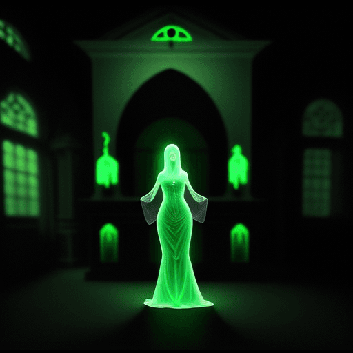 AI generated: A transparent illuminated ghost in a creepy mansion,ghostly green light,the ghost is a creepy woman ...