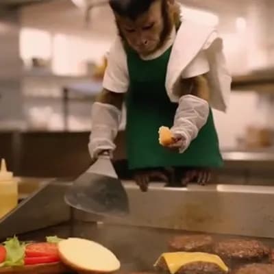 AI generated video: a monkey preparing hamburguers on a restaurant