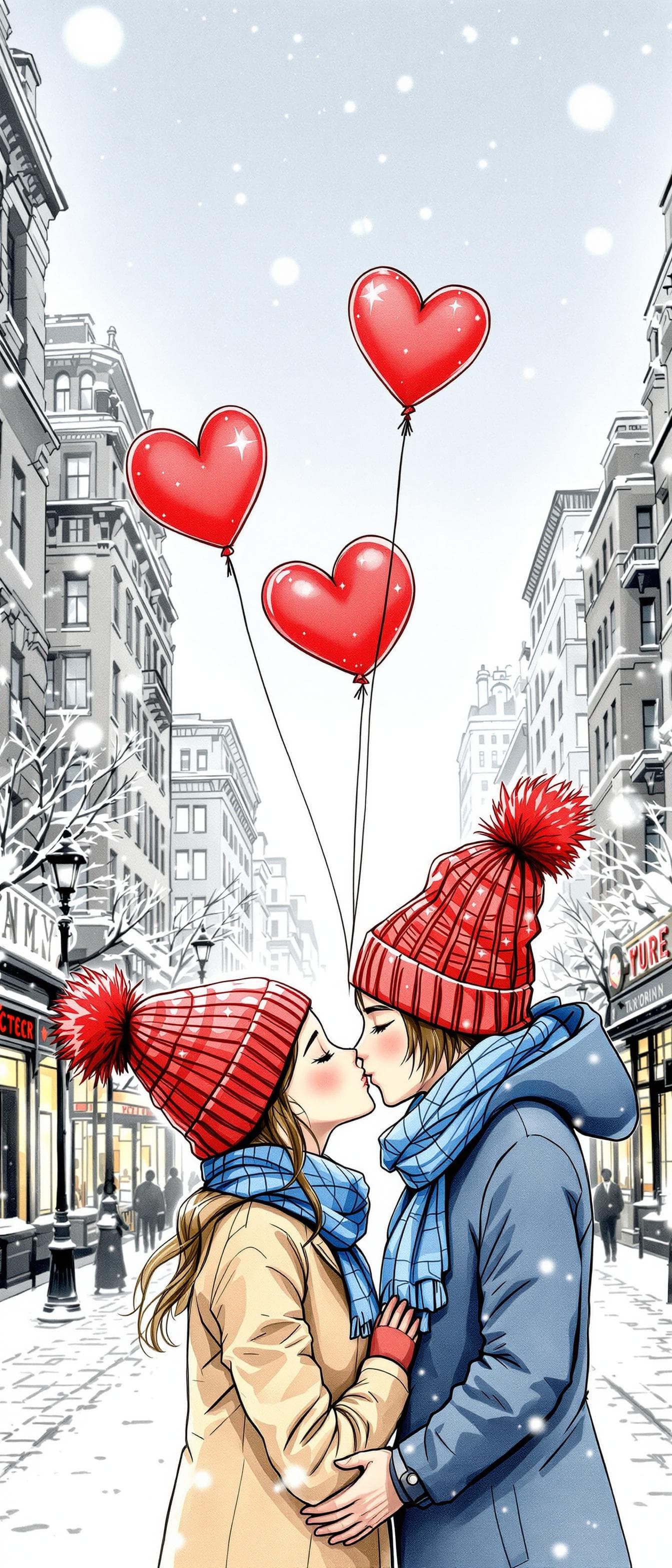AI generated: A romantic couple kissing on a snowy winter street in New York City, hand-drawn pencil sketch style ...