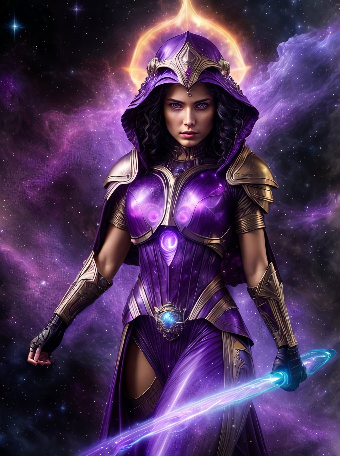 AI generated: golden armored woman made of stars and colorful space light, (badass:1.3), mighty goddess of the nig...