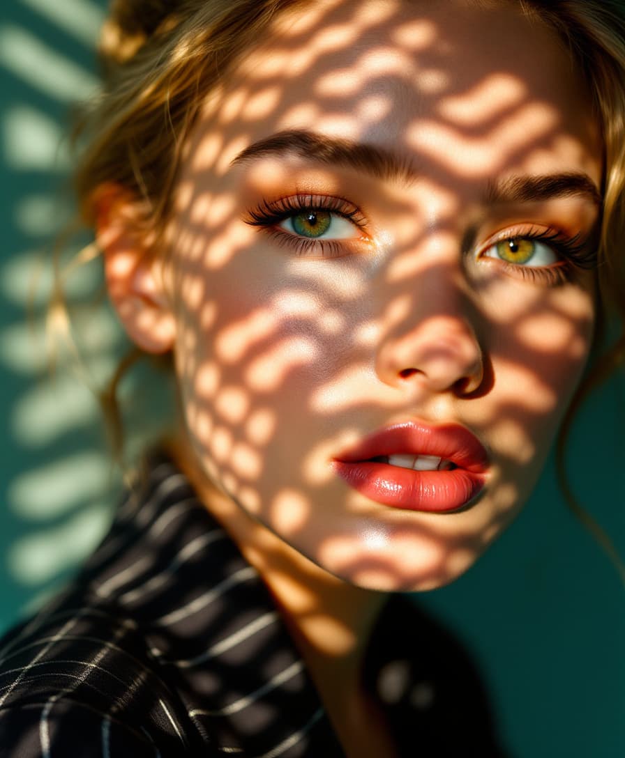 AI generated: Close-up portrait of a woman illuminated by soft, warm afternoon light streaming through window blin...
