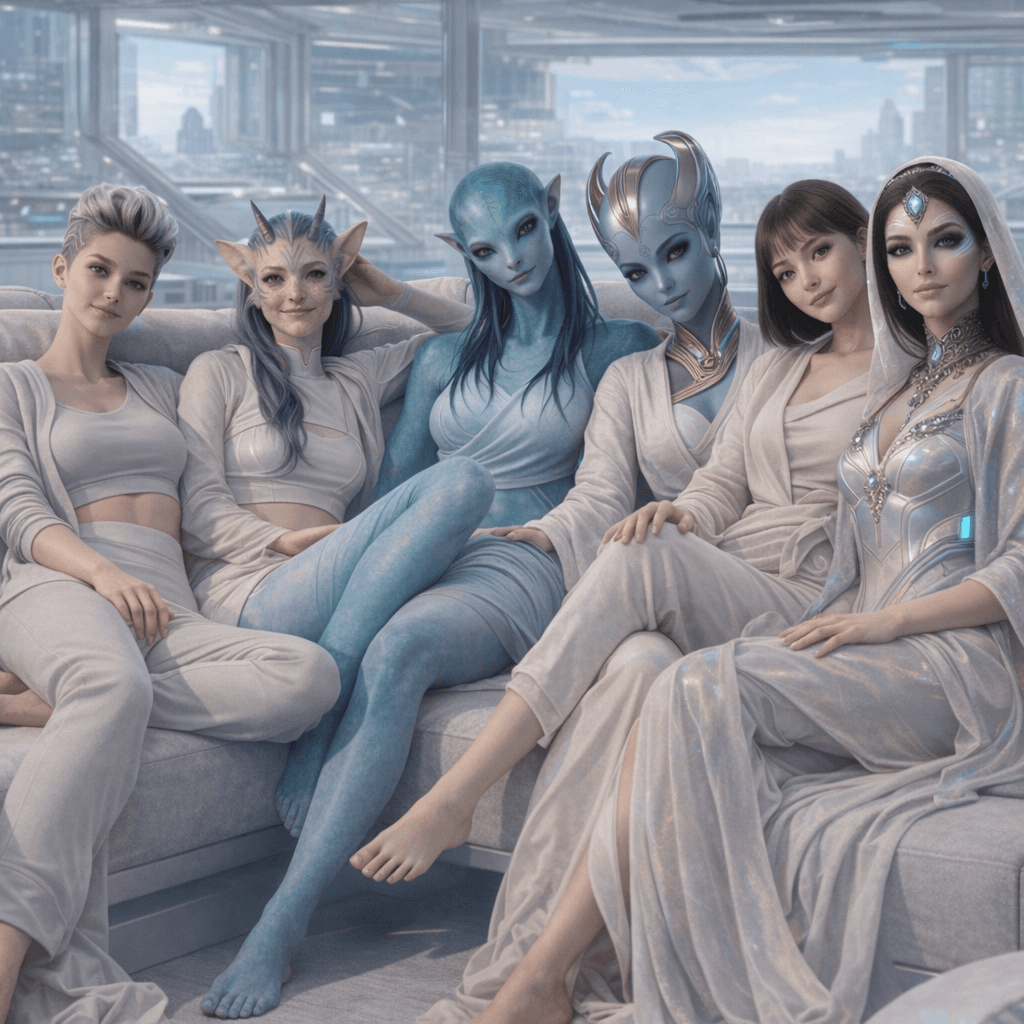 AI generated: Create an image showcasing all-female, all-separate images, posing together. Change background, clot...