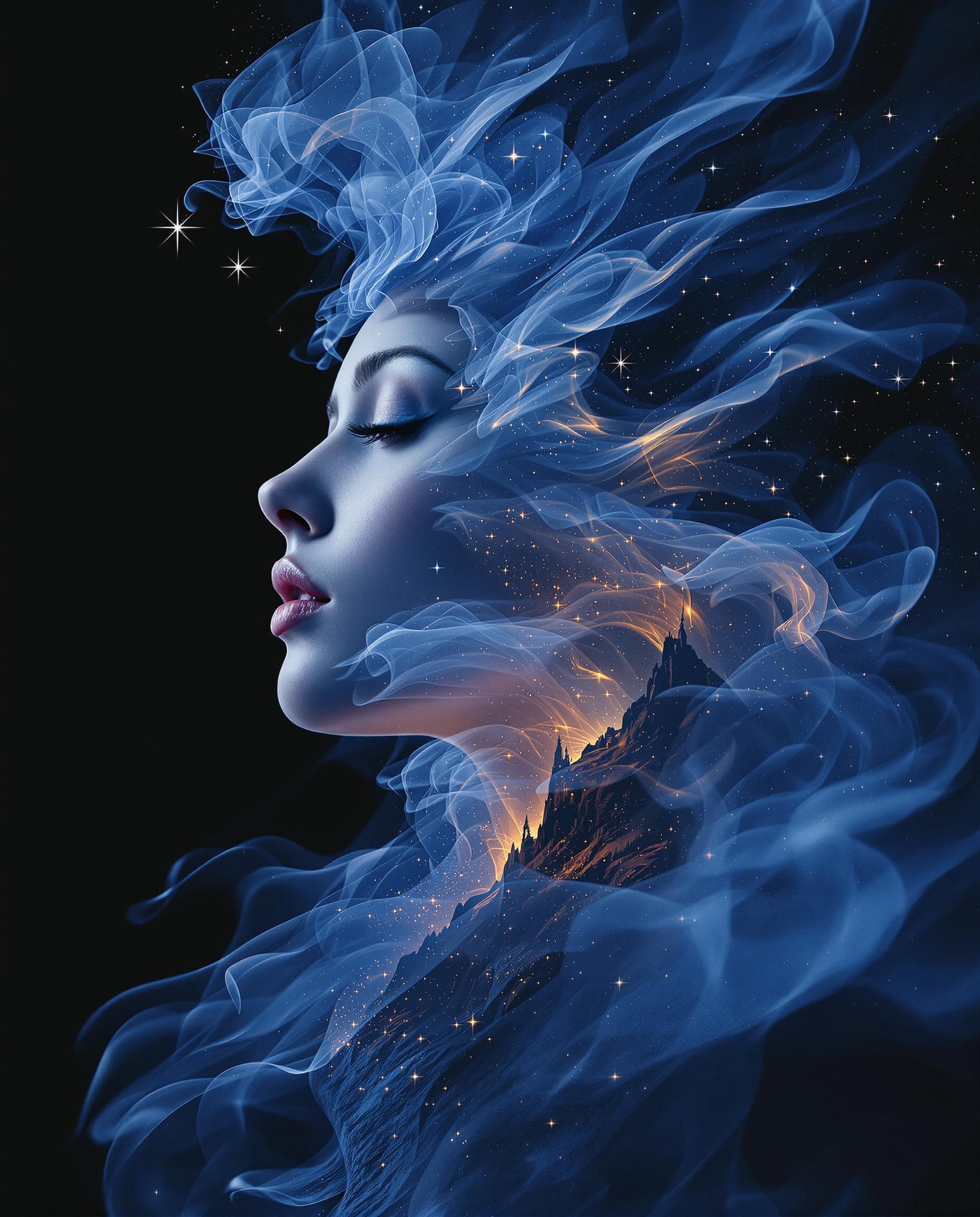AI generated: surreal semi realistic landscape photograph, cool blue light to dark gradients, muted soft tones, da...