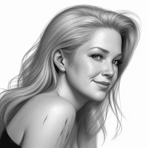 AI generated:  randy moore actress drawing, face only, a gorgeous woman, side angle, hint of a smile, noticeable c...