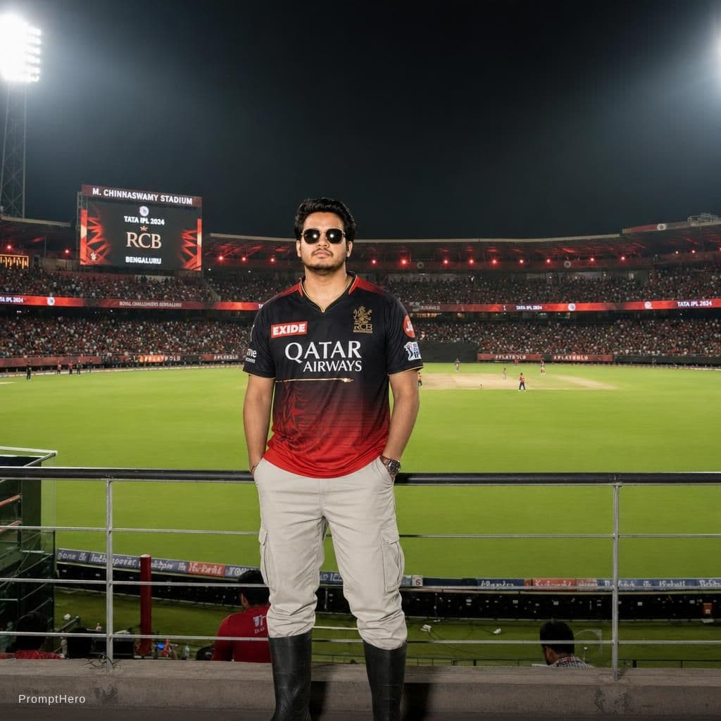AI generated: Realistic HD cricket ground with RCB jersey .