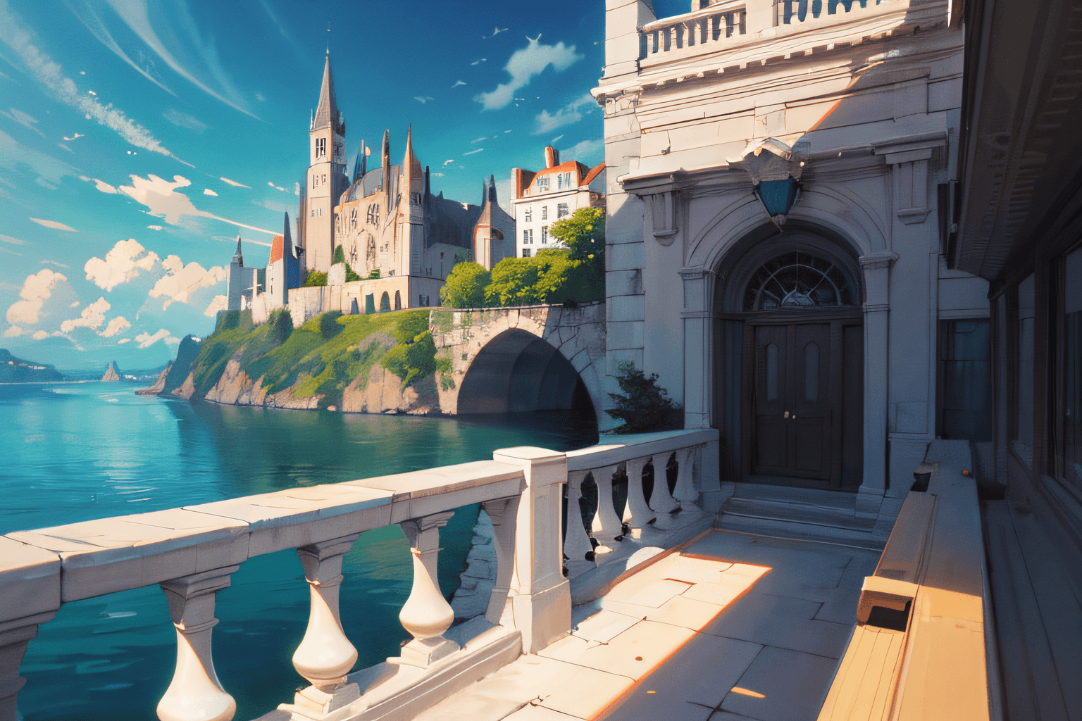 AI generated: (8k, RAW photo, best quality, masterpiece), architecture, beach, blue_sky, boat, bridge, building, c...