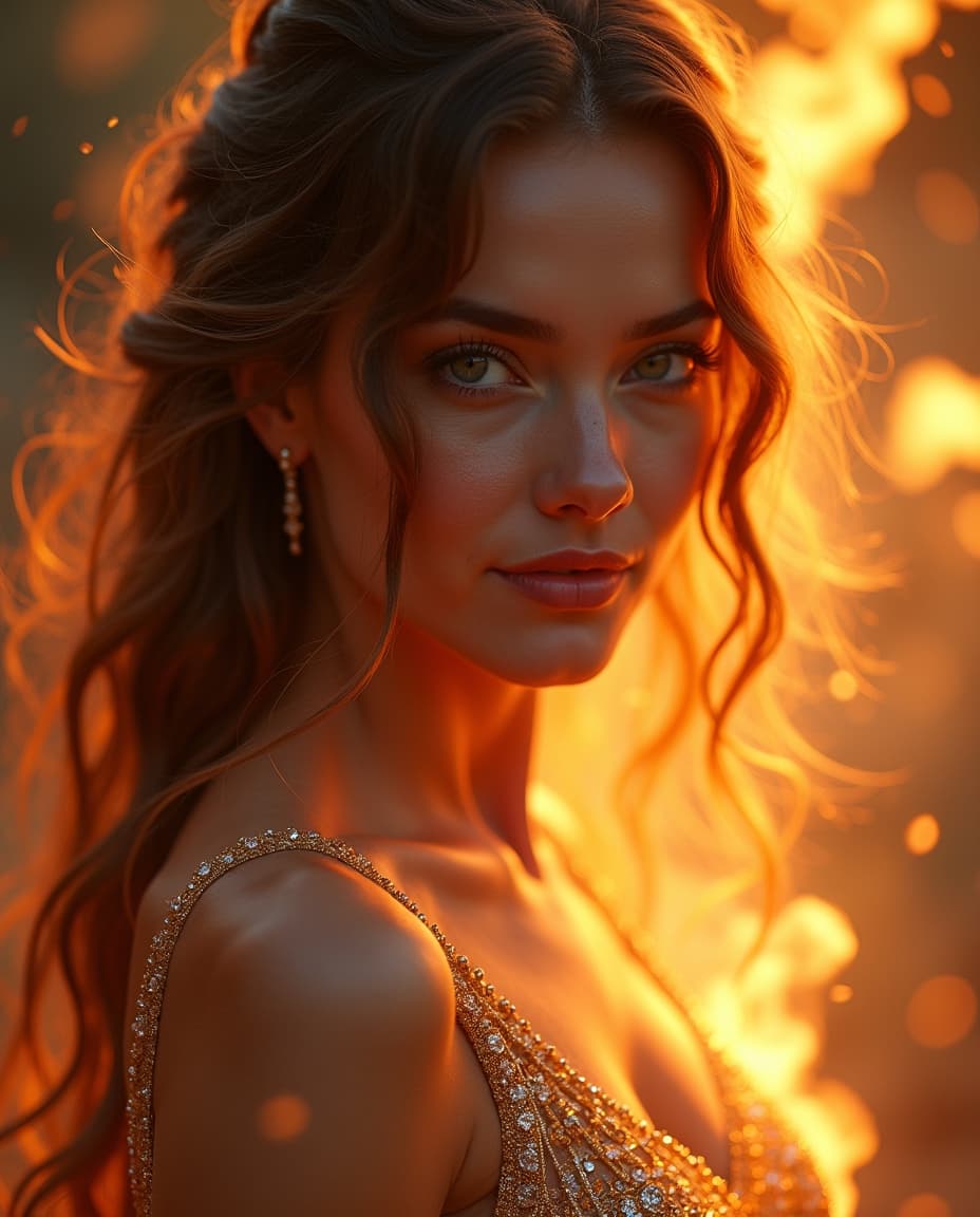AI generated: A close up a sultry divine element, her skin aglow with ethereal light, her eyes pools of liquid fir...