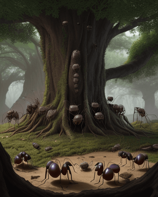 AI generated: At the roots of an ancient tree, a secret society of ants has established a scientific laboratory. T...