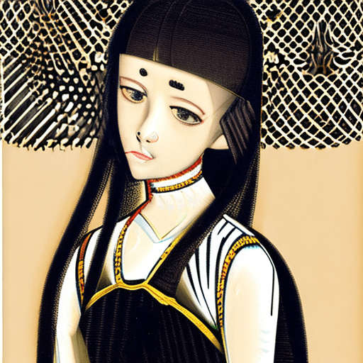 AI generated: a girl with unforgiving eyes and a cat in her arms, girl in black barlot dress, metal earrings, doub...