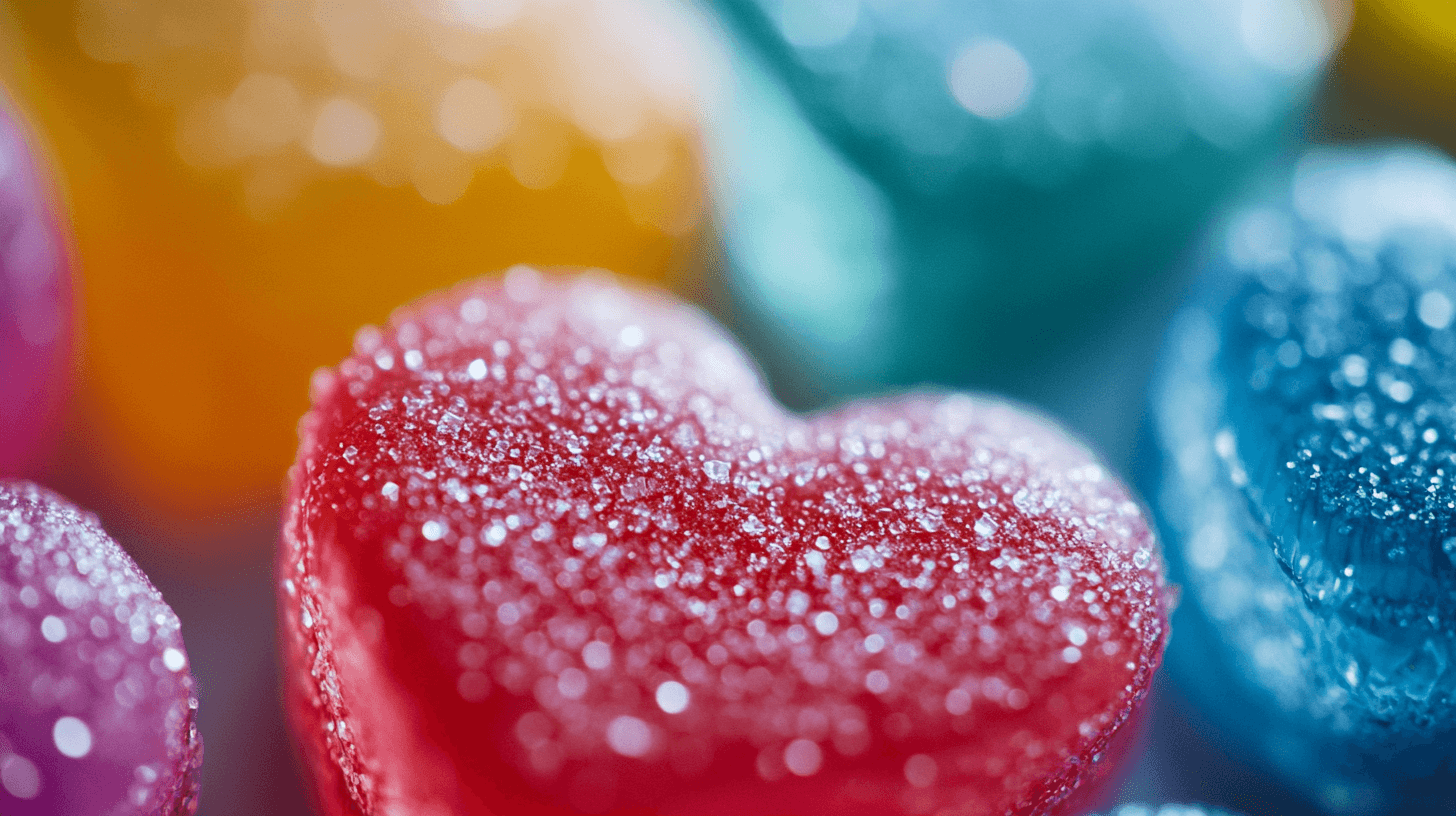 AI generated: A close-up of colorful gummy heart-shaped candies, with vibrant colors and sparkling sugar crystals ...