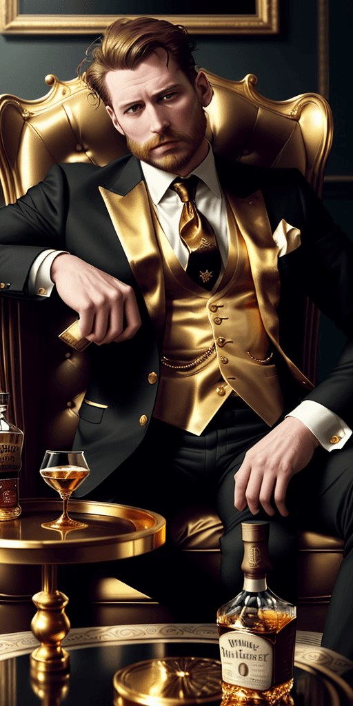 AI generated: in the foreground there is a golden table on the cream, there is money and whiskey in the background...