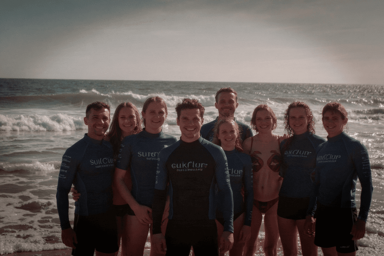 AI generated: Surf school owner in front of his surf school with a  happy group of customers. 
!important: No sur...