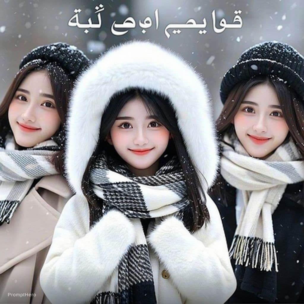 AI generated: A digital artwork montage featuring three individuals in winter attire, set against a blurred, snowy...