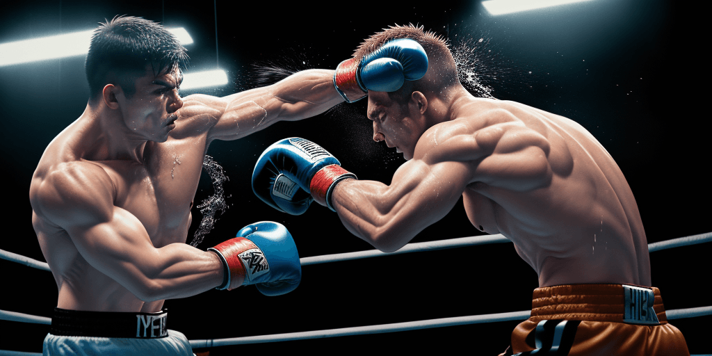 AI generated: Hyper fidelity, a scene of a Malang City male boxer punching his opponent's head, left hook punch, s...