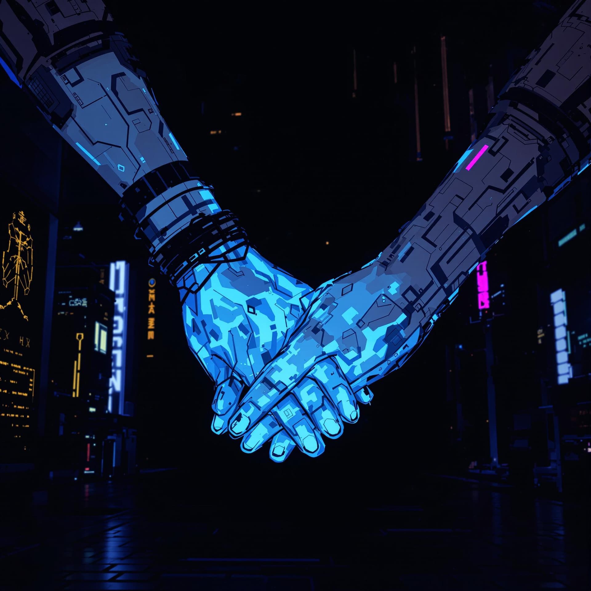 AI generated: blue hands tight together, anime, cyberpunk, style on black bacground,