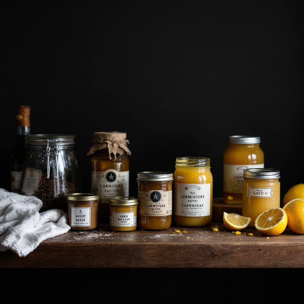 AI generated: Darker Photography of Carnivore Pantry with jars of Tallow, Ghee 
