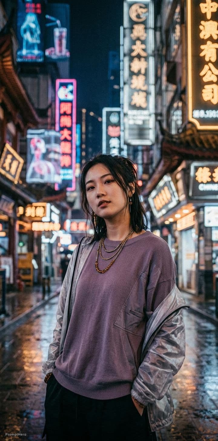 AI generated: a girl in a purple top in a neon city, in the style of chinapunk, iconic album covers, soft-focus po...