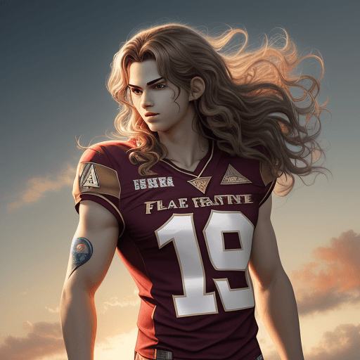 AI generated: Epic photoart of character from anime  young man Iback wavy hair, wearing florida state jersey in th...
