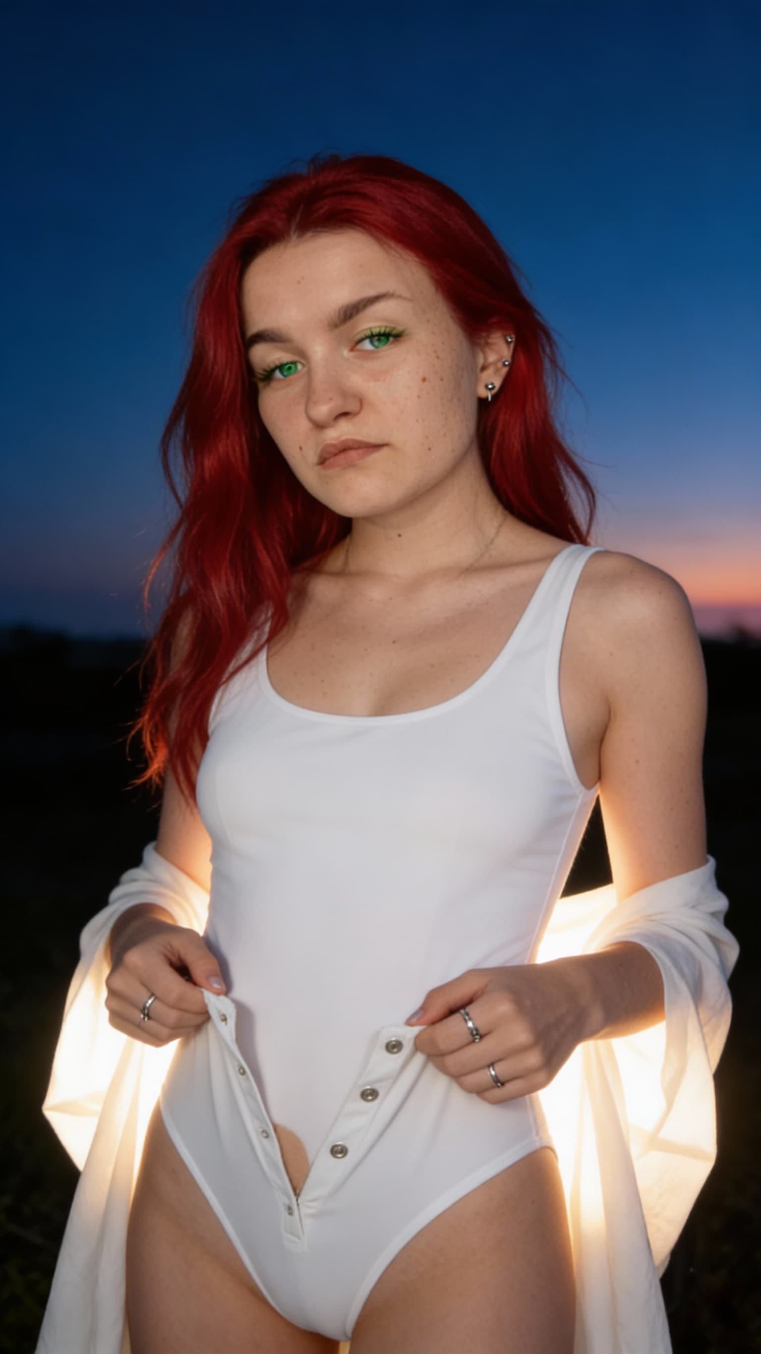 AI generated: Ultra-realistic twilight Head to toe shot of a red-haired woman with bright green eyes, freckles viv...