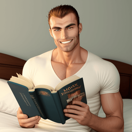 AI generated: smiling gigachad on bed and reading book