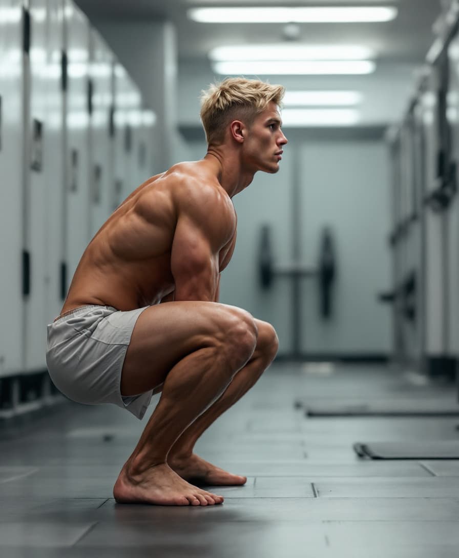 AI generated: high-resolution photo side view 
an extremely muscular, handsome young man with blonde hair, wearing...