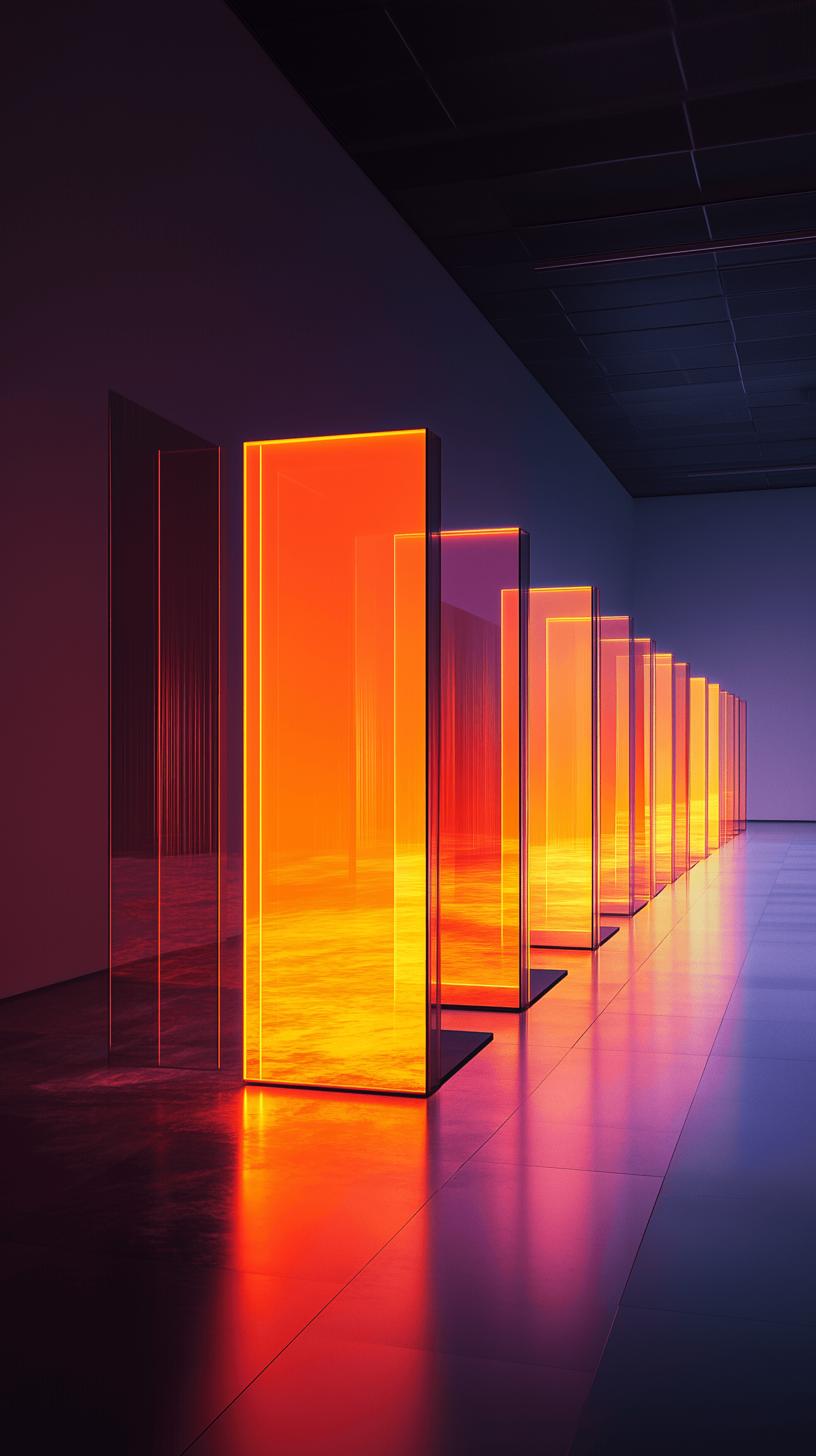AI generated: photography, image of an abstract, light-based installation, consisting of square panels that emit v...