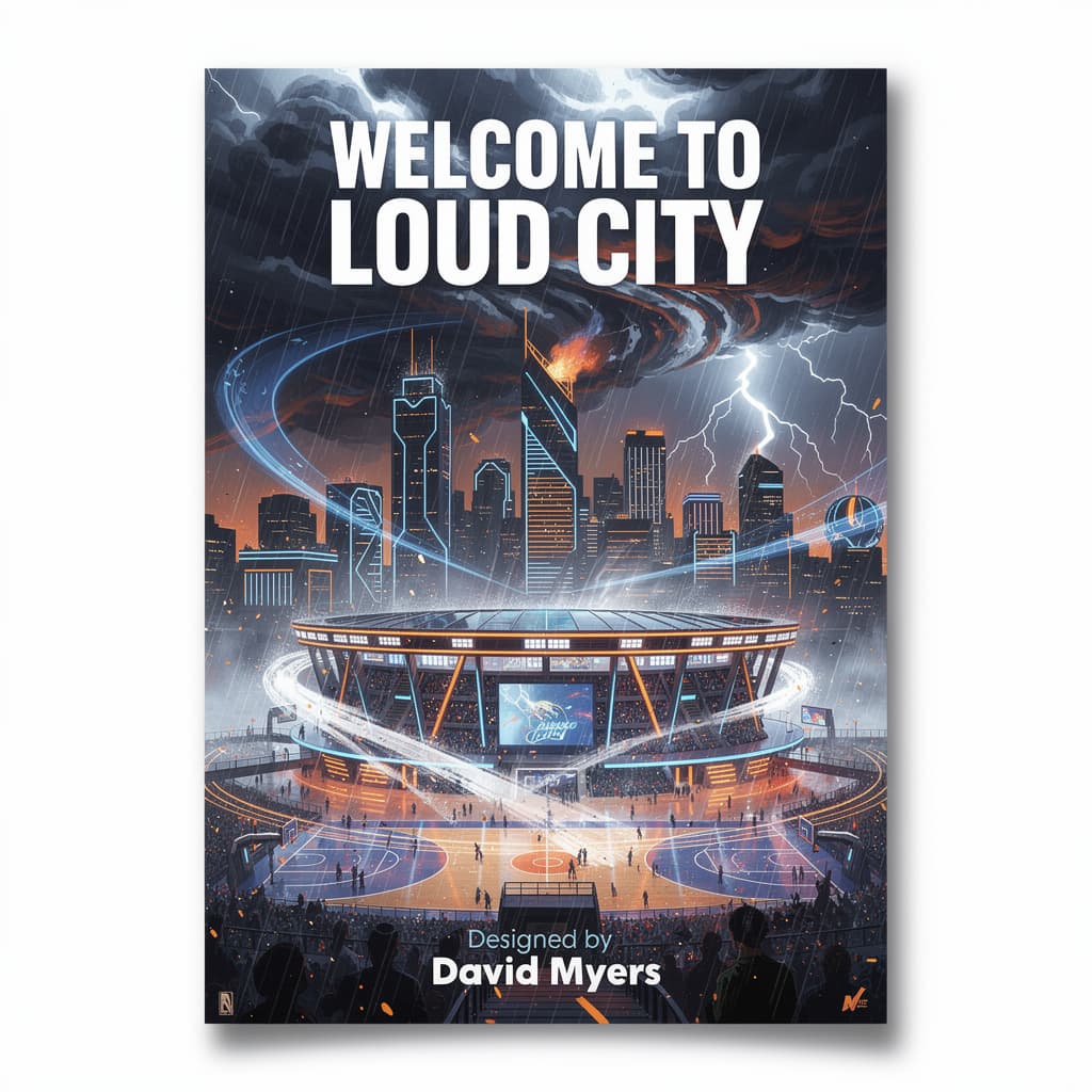 AI generated: Epic NBA playoff-style sports poster featuring a powerful thunderstorm over a glowing basketball are...